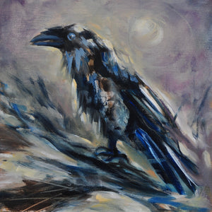 Raven and the Moon - 8"x8" Oil Painting on Birch Wood Panel, Wood Finish Siding
